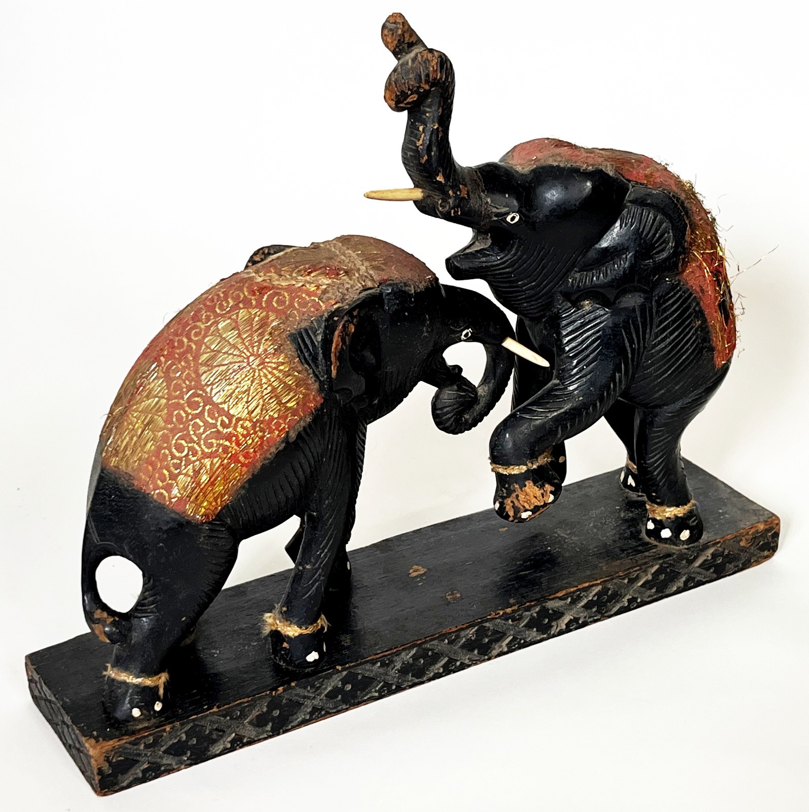 BURMA BURMESE MYANMAR ANTIQUE FOLK ART HAND CARVED ELEPHANT BATTLE 14″ SCULPTURE
