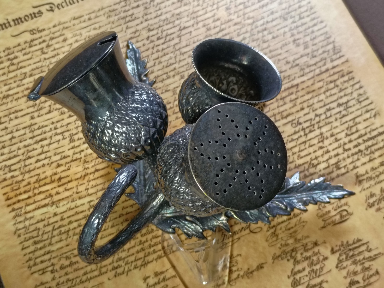 Antique Silver Plated Scottish Thistle Condiment Set