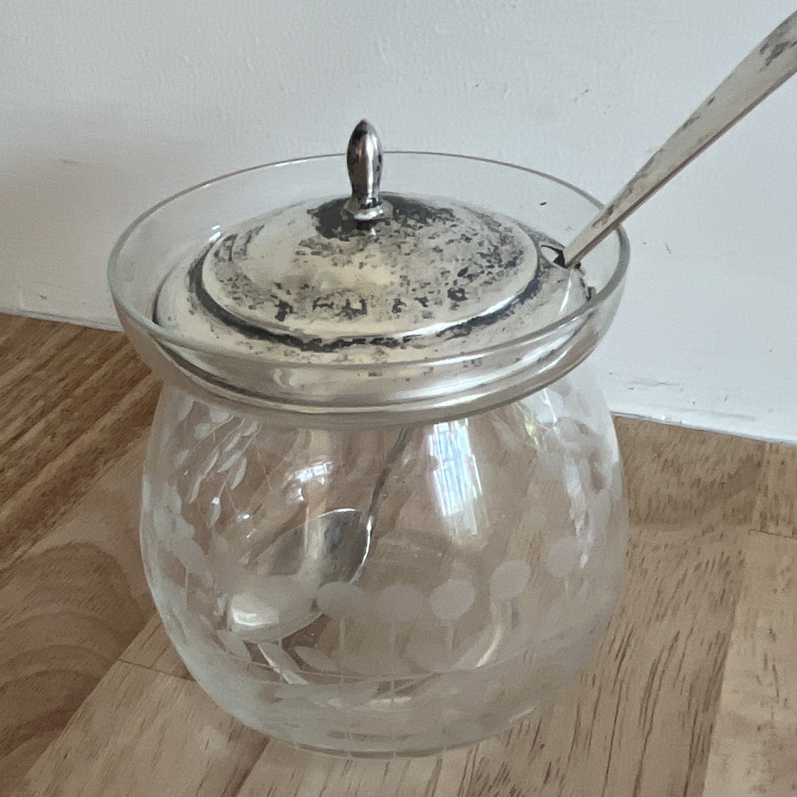 Vintage Sterling Lid + Spoon Clear Jam Jar with etching +/- 34 grams
