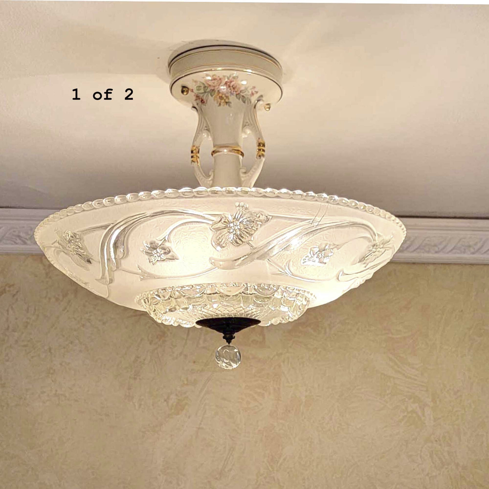 137c Antique 30s 40s Cabbage Rose Ceiling Light Lamp Fixture Chandelier pair 1-2