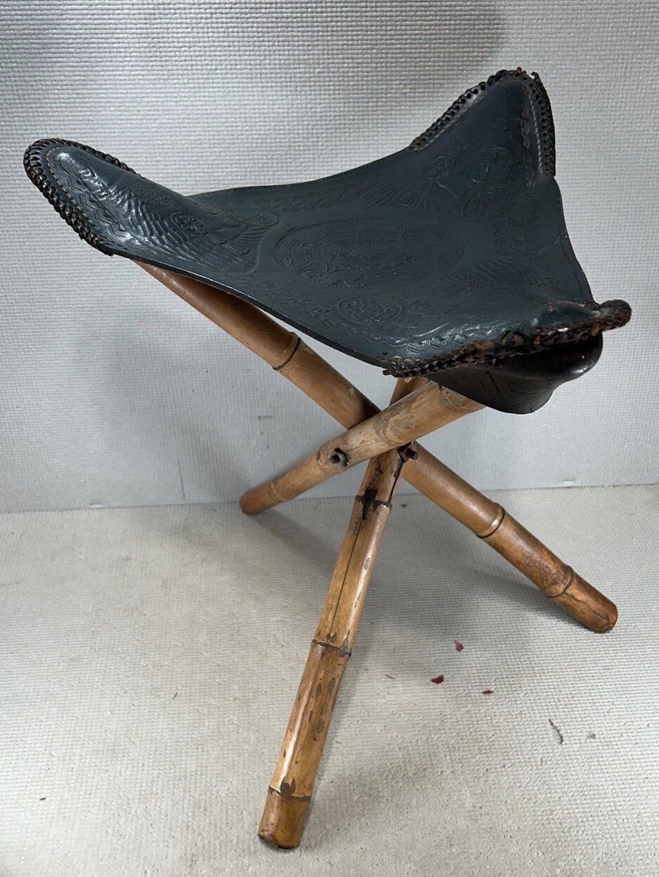 Vtg Leather Tripod Folding Stool Blue Saddle Seat Chair Aztec Mayan Bamboo Legs