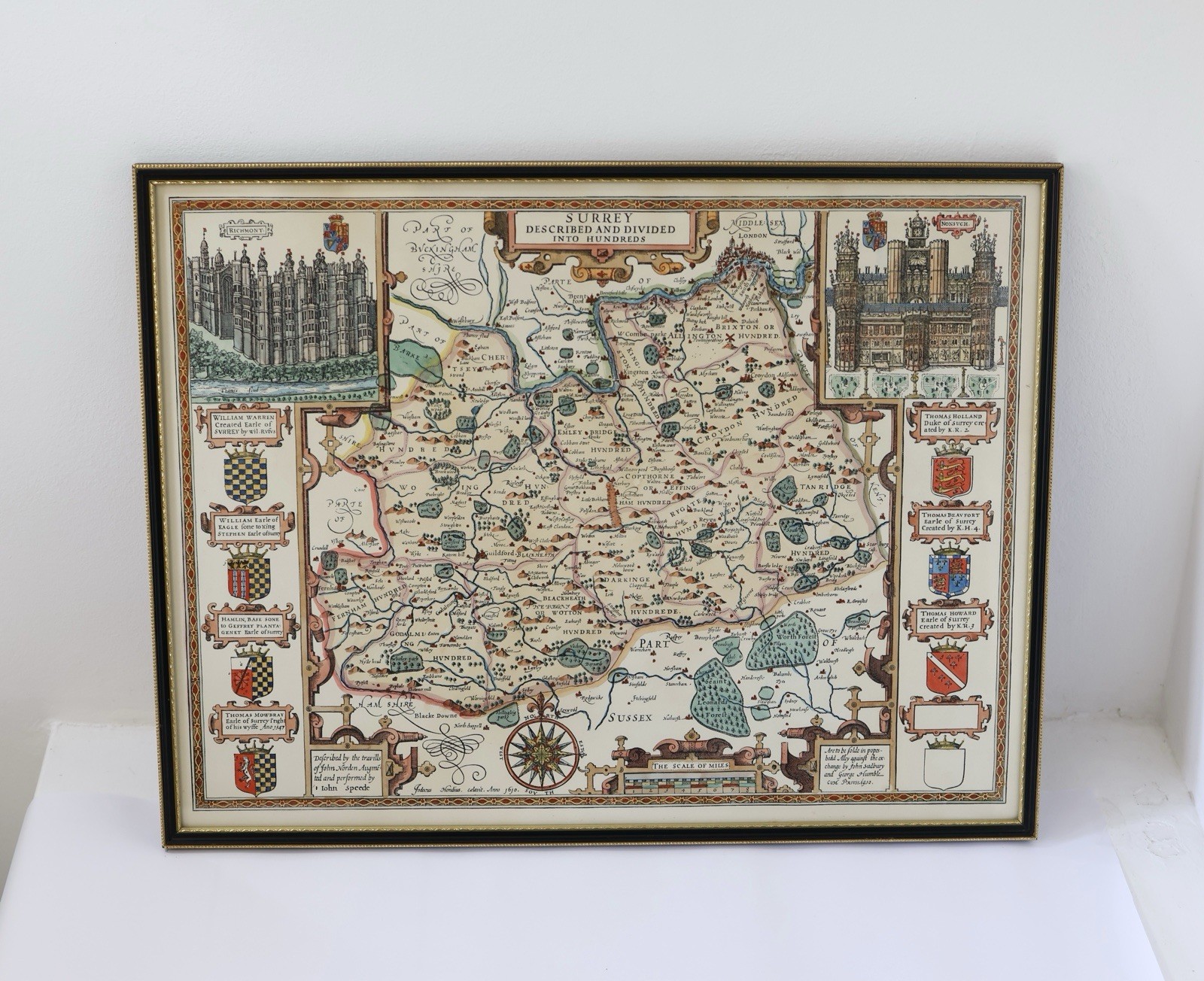 Surrey Vintage Framed Wall Map John Speede 21” X 17”