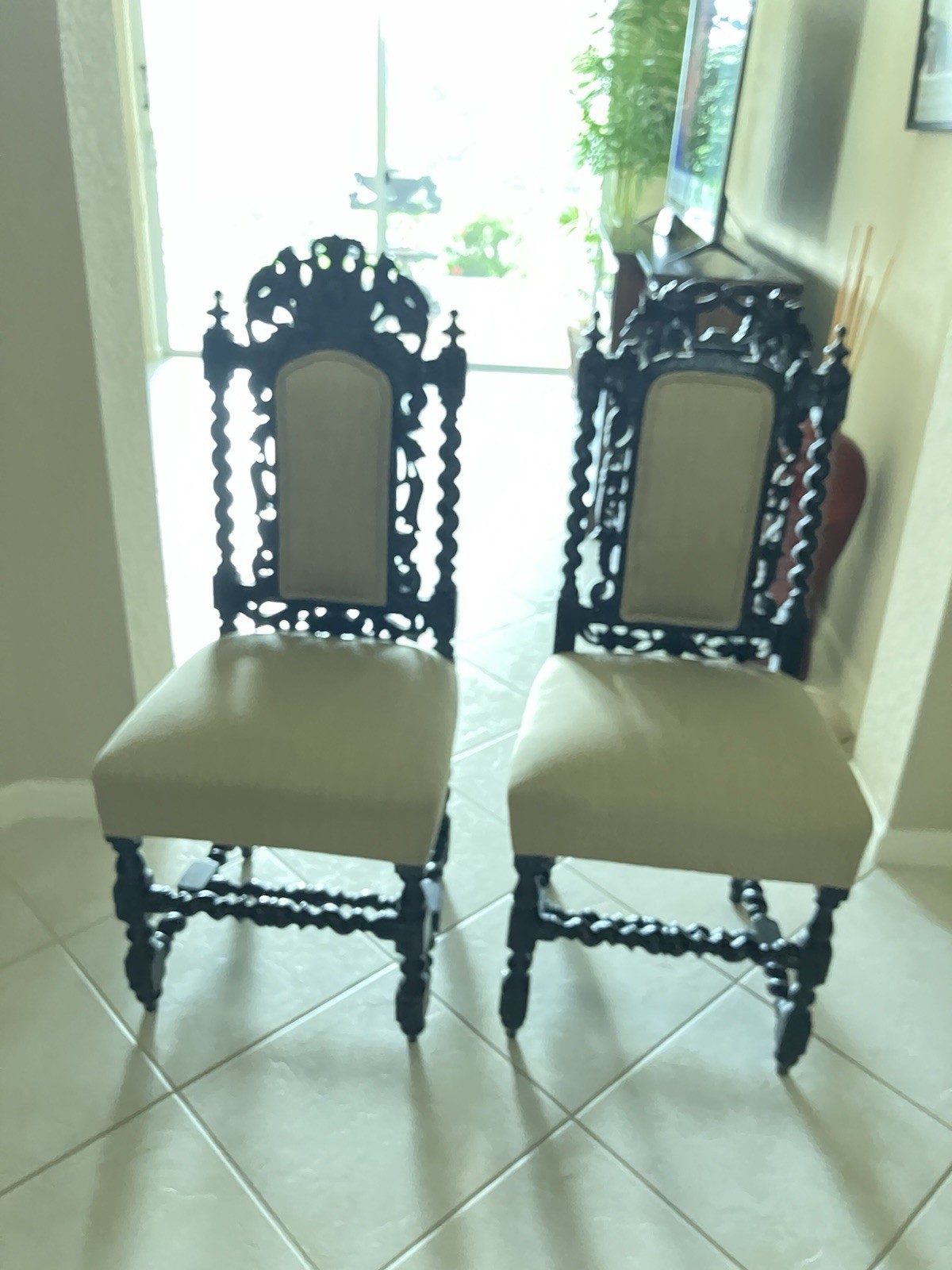 Antique Baroque/Rococo Carved Upholstered Side Chairs Set of 2 Black Beige