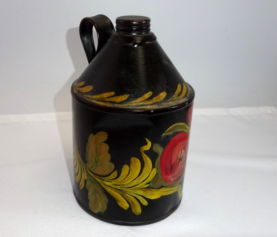 OLD MINIATURE DOMED JUG TIN TOLEWARE DECORATED 6.25″ TALL PRIMITIVE FARMHOUSE