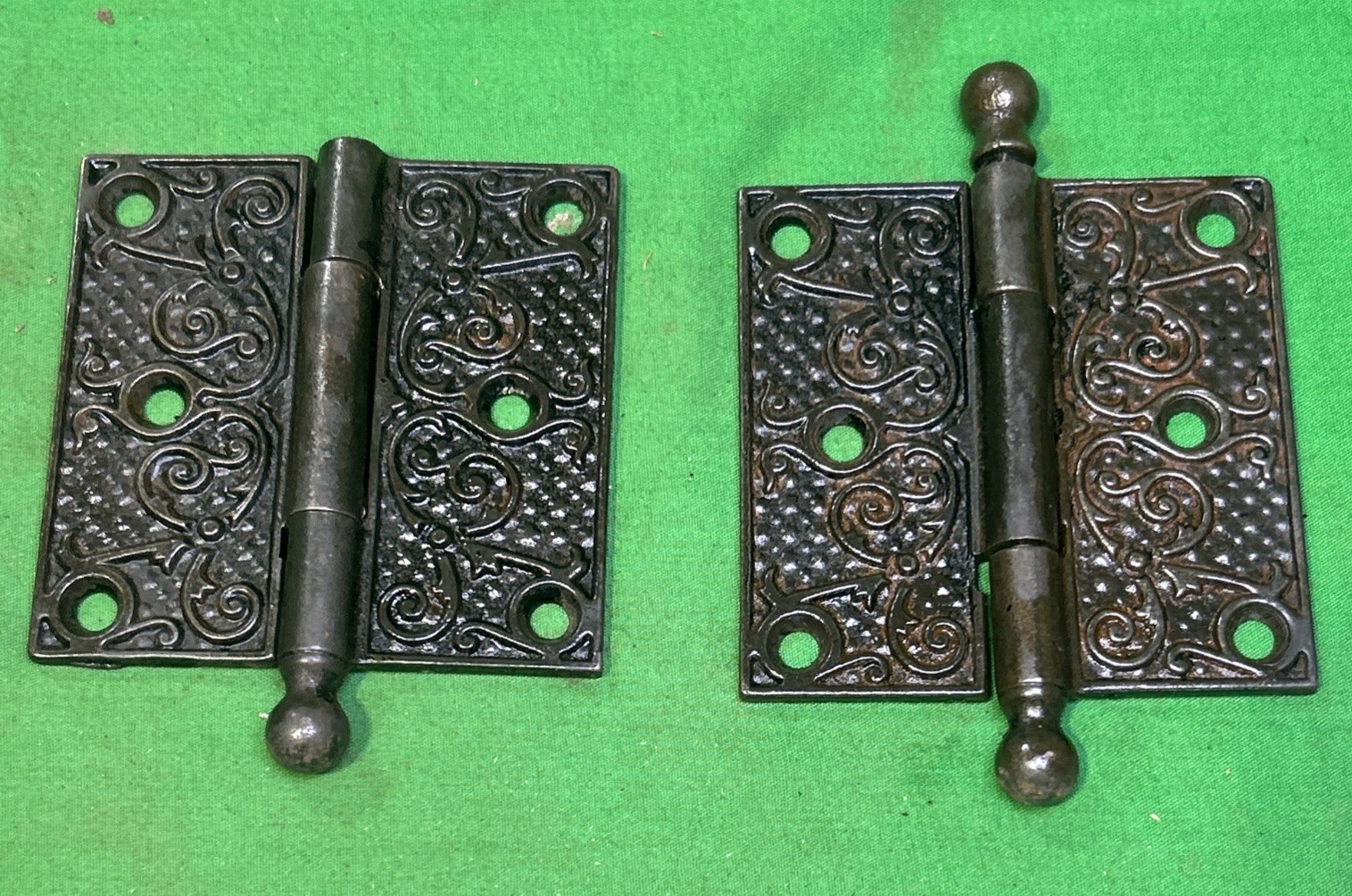 2 Old Door Hinges 3 1/2 X 3 1/2” Ball Top Victorian Cast Iron Missing 1 Pin