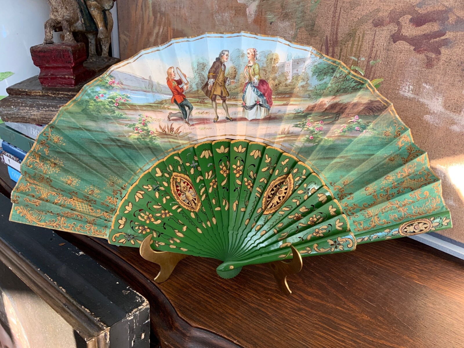 French Victorian 19thC Ladies Silk Fan Artist Signed Green & Gold Circa 1870