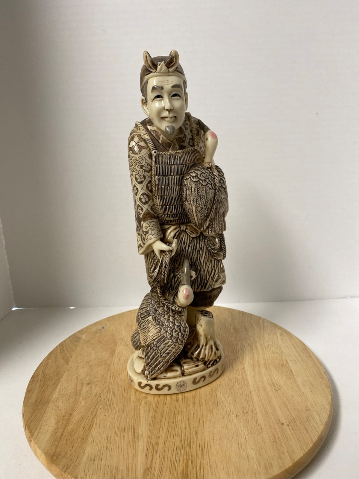 Resin Netsuke Japanese Fisherman With Birds 12″ Tall • Carved Figure • Signed
