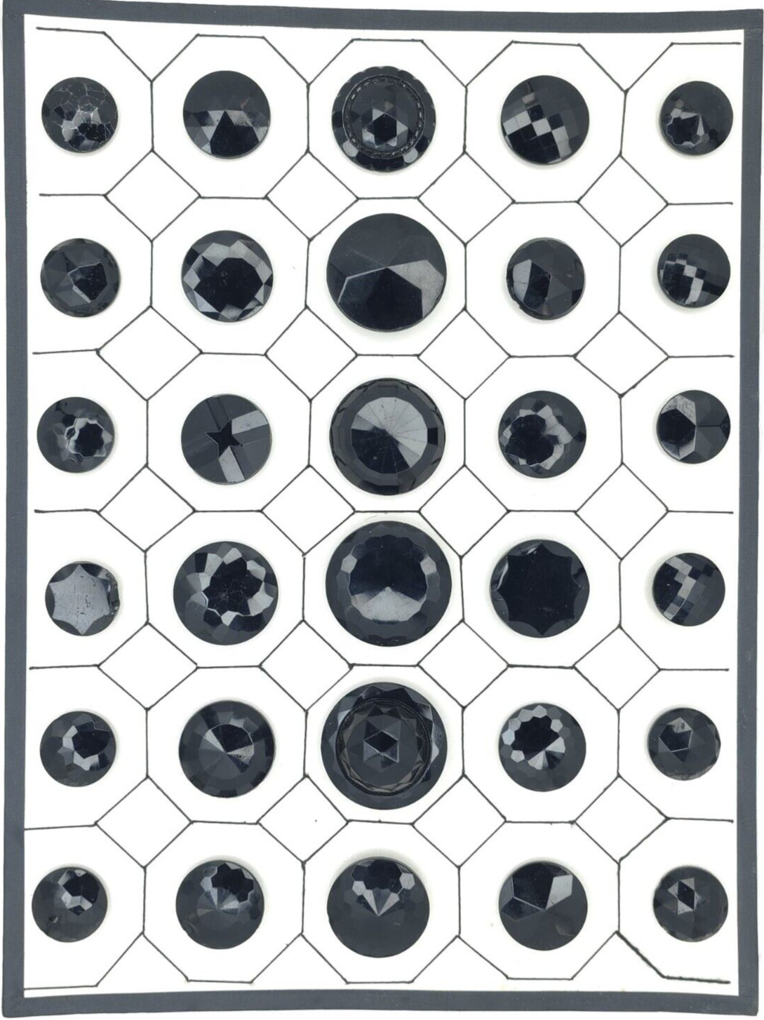 Vintage Large Assorted Faceted Black Glass Button Collector Show Card LOT .8-1.5