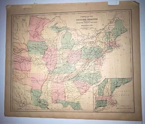 1868 Antique Hand Colored US Commercial Railroad Map 10×12 | Original Antique,
