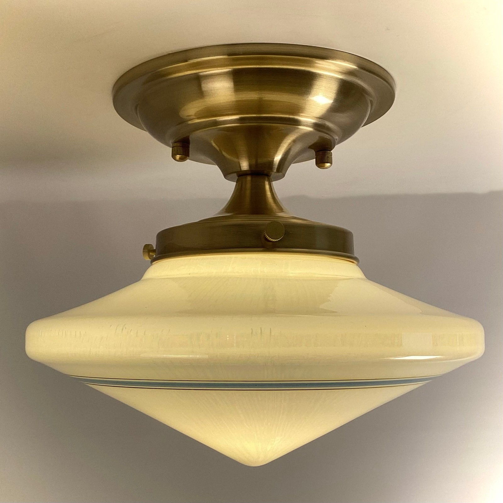 Art Deco Schoolhouse Flush Mount Ceiling Light, Milk Glass Shade, Satin Brass