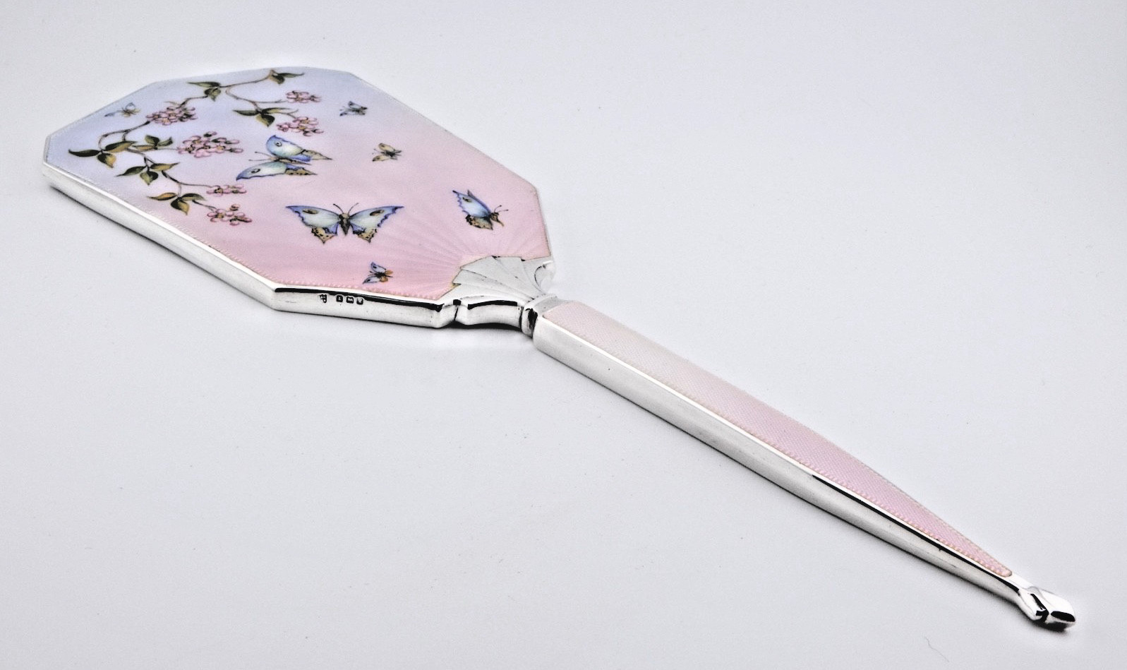 STUNNING ART DECO SOLID STERLING SILVER GUILLOCHE ENAMEL BUTTERFLY HAND MIRROR