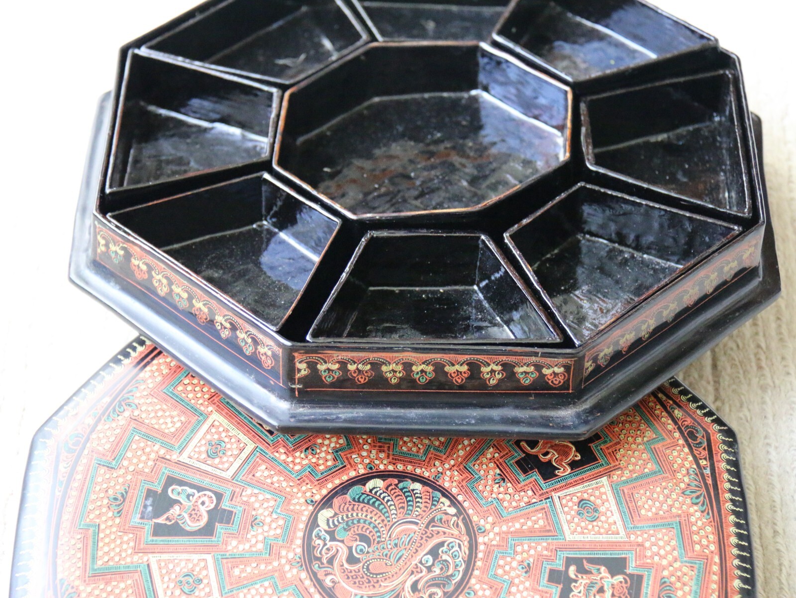 Exquisite Old Burmese Octagon Lacquer Betel Box 11pcs 25cm x 5cm or 10in x 2in