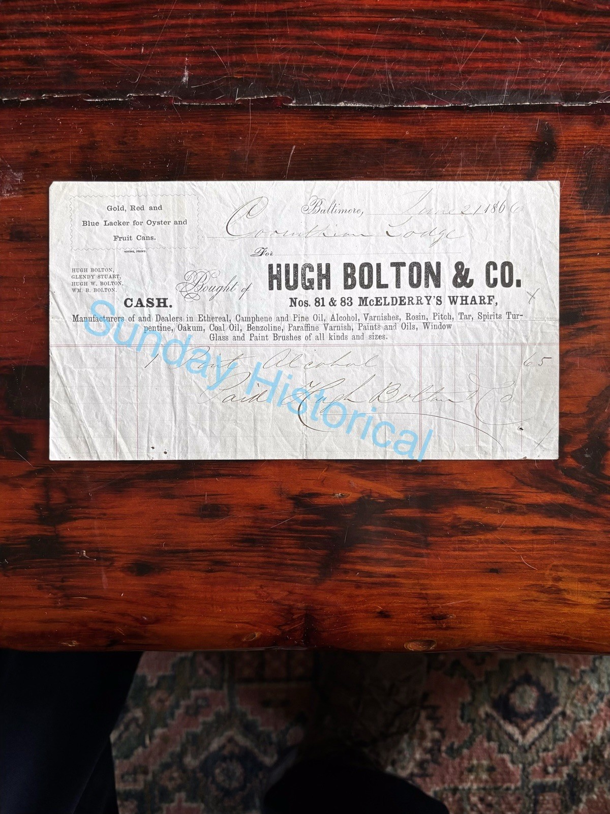 Rare 1866 Hugh Bolton & Co Baltimore MD Billhead Oyster Can Lacquer Oils Paints