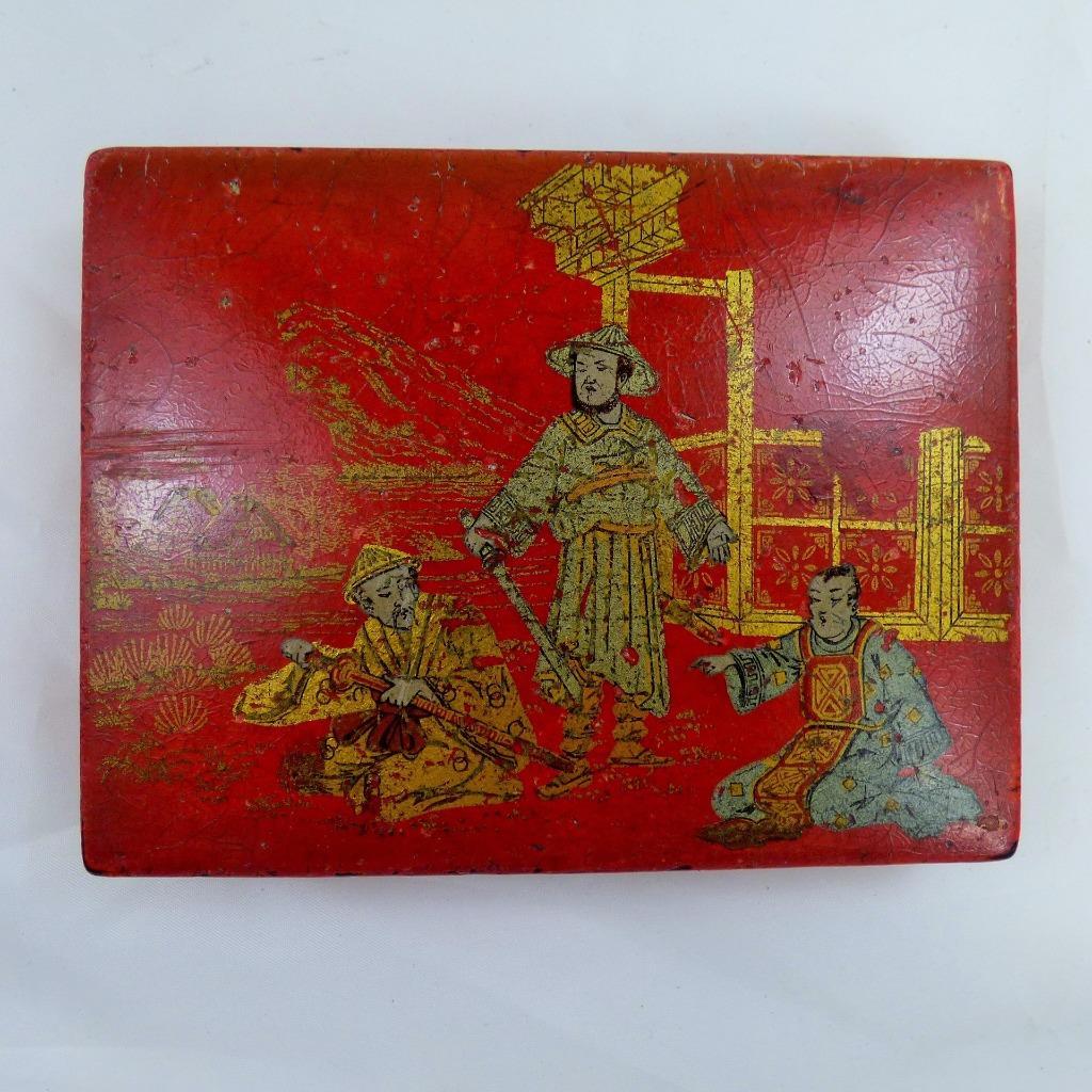 ANTIQUE ORIENTAL CHINOISERIE LAQUERED paper mache box ADVERTISING LABEL inner