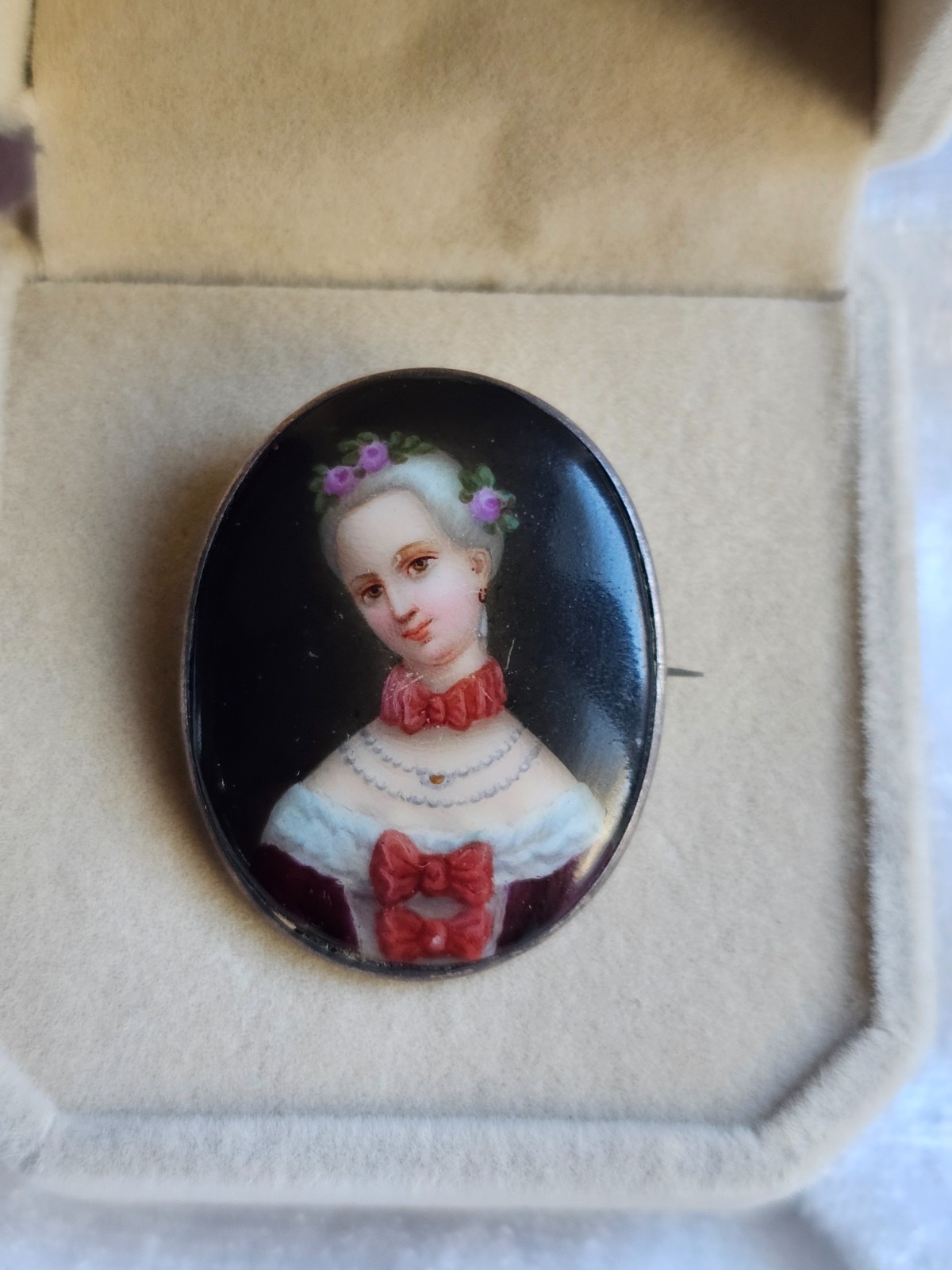 Edwardian Artisan Portrait Miniature Painting Pin Sterling Silver 1903