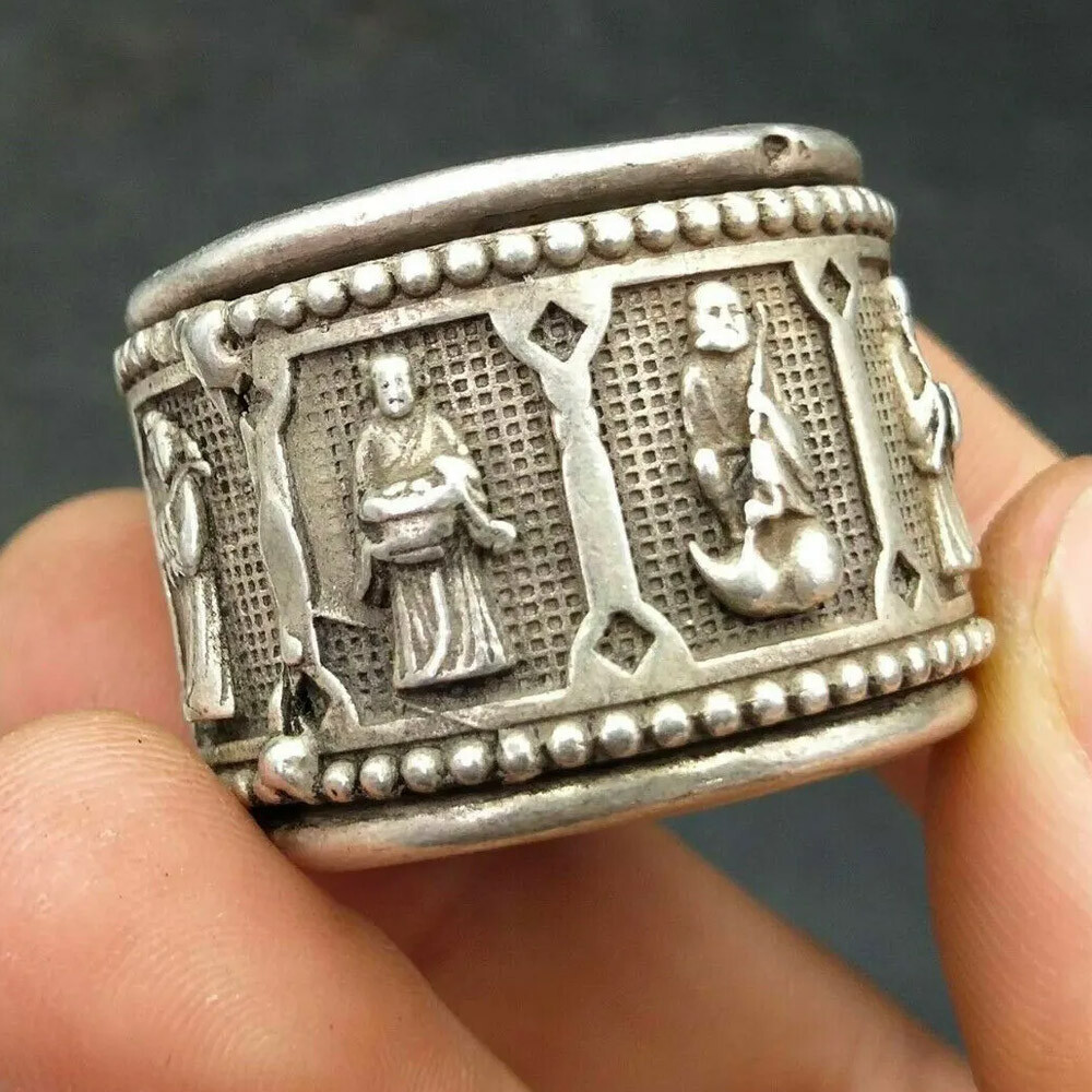 Collection Chinese Old Tibetan Silver hand-carved Eight 8 Immortals God Ring