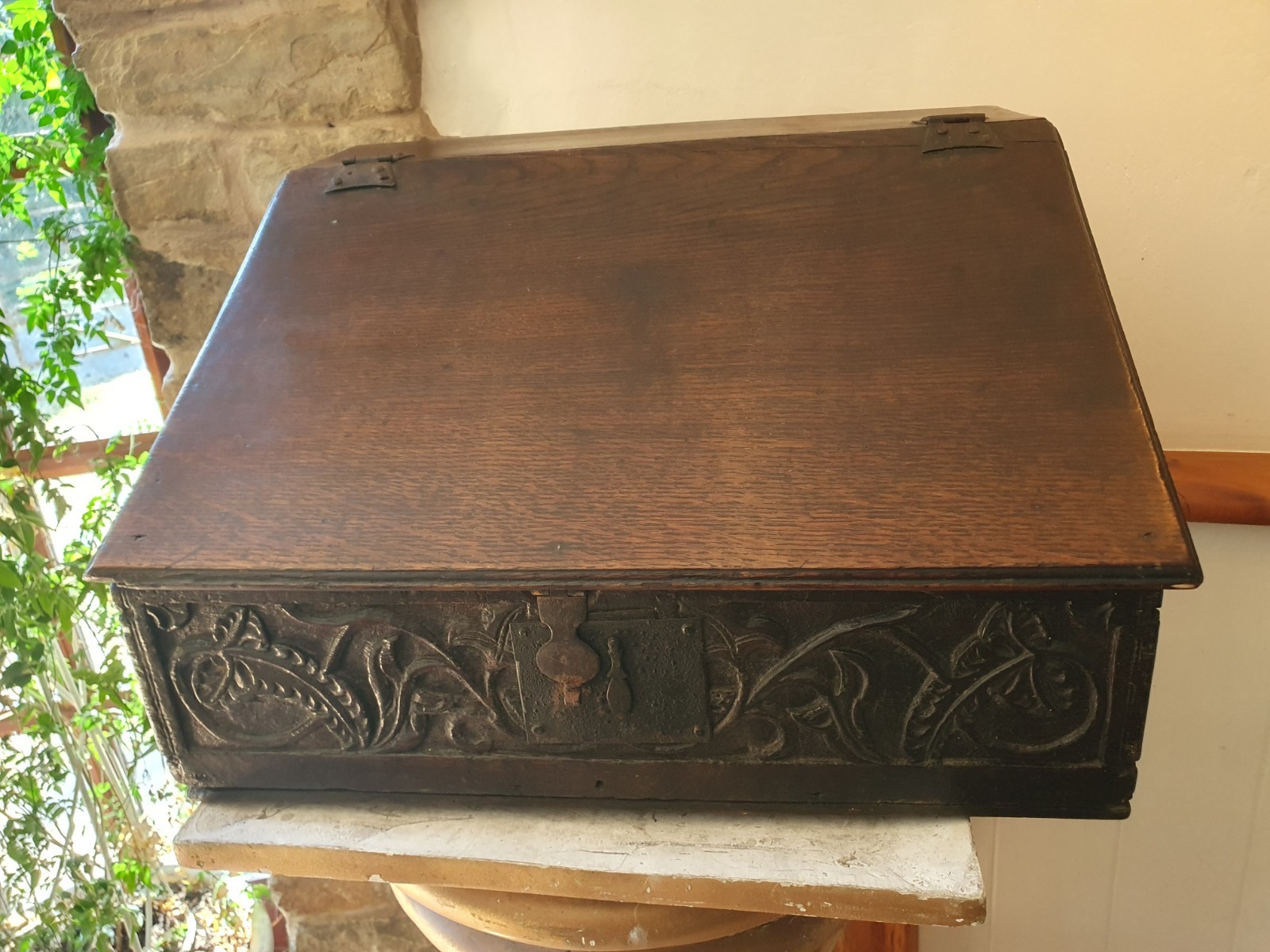 Antique 17th century & later carved oak bible box slope lock & key 3 drawers