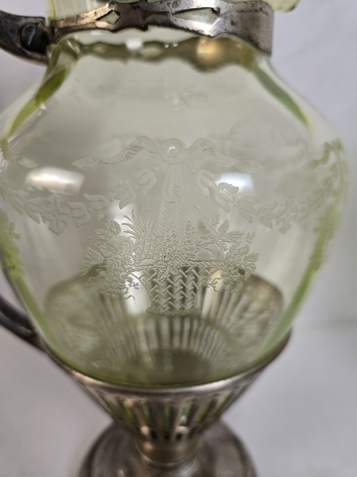 Cresent Silver MFG Triple Plate Silver & Uranium Etched Basket Glass Pitcher