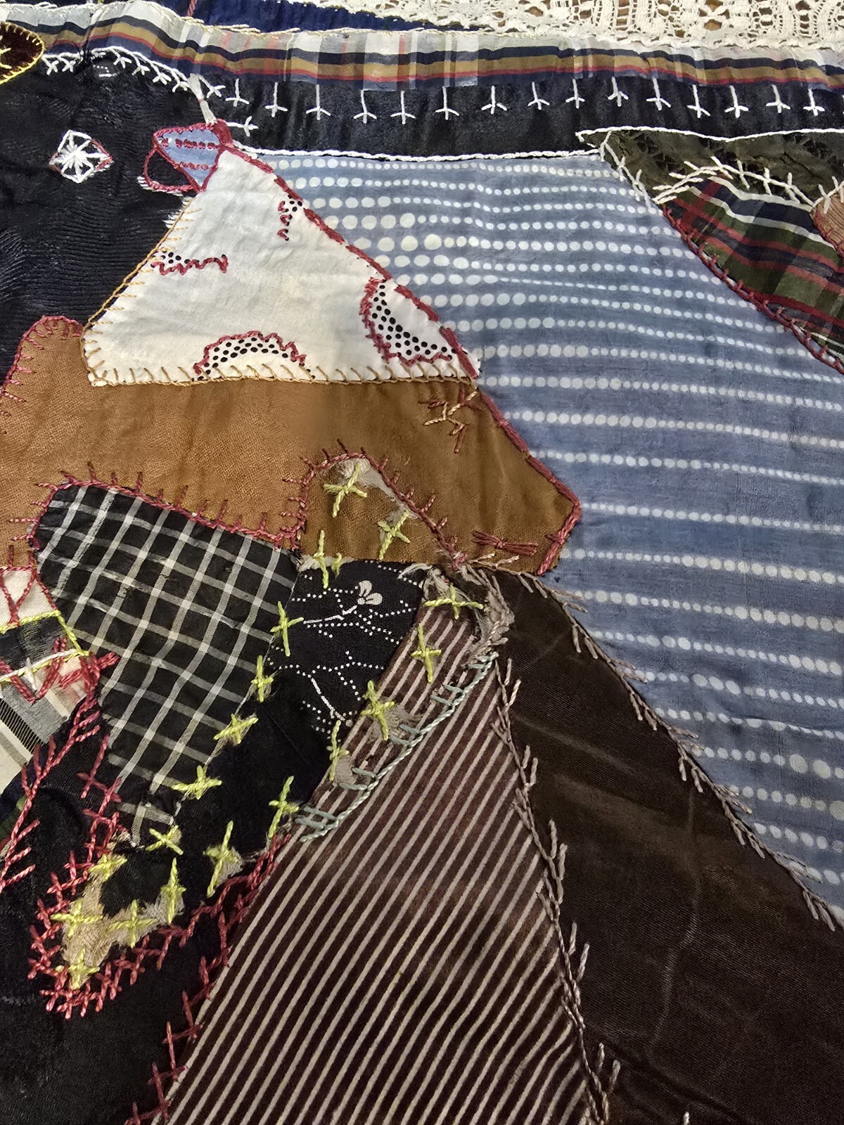 Antique Crazy Quilt Panel W/ Lace Early American Folk Art Circa 1898 Handsewn