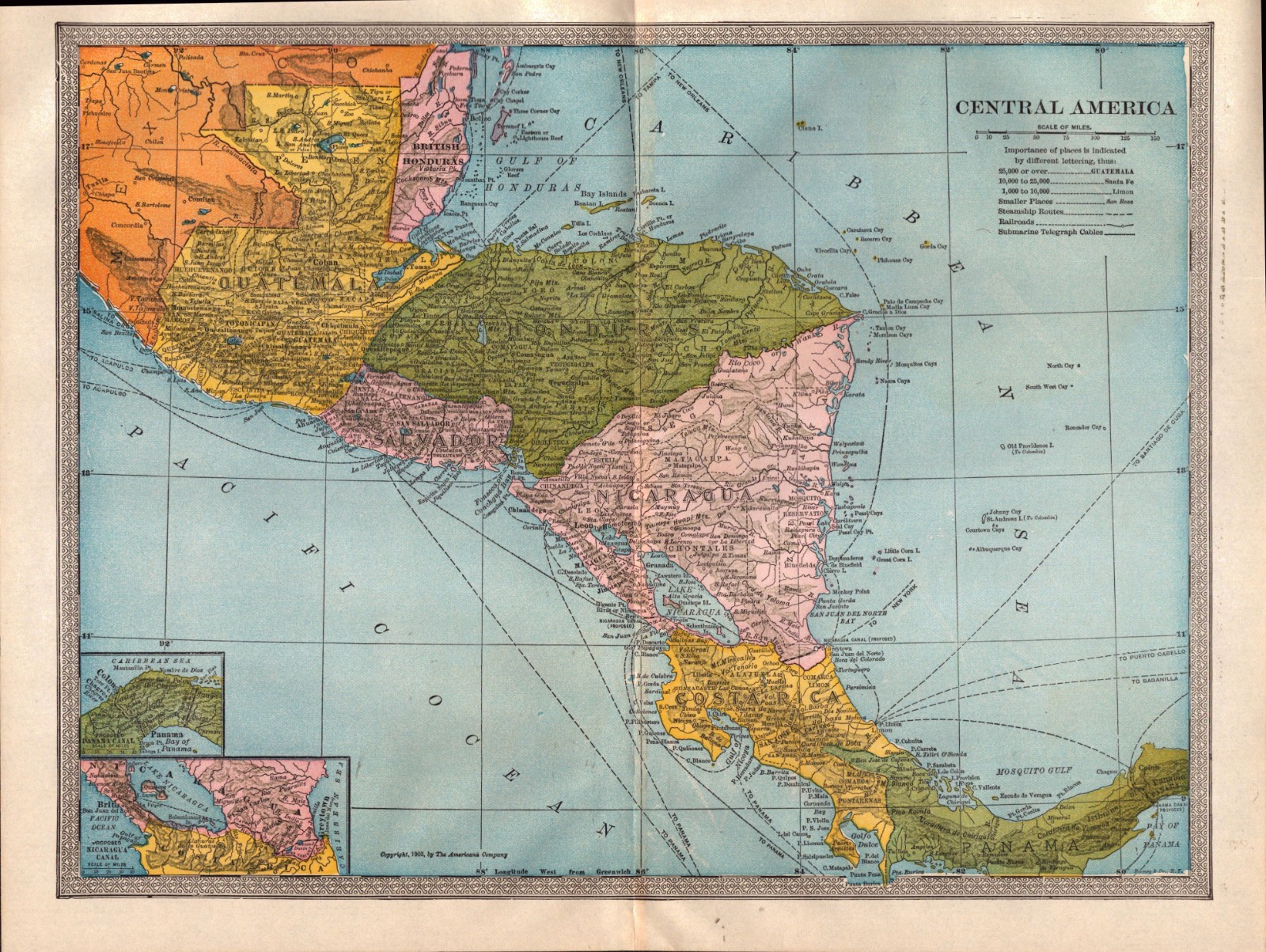 1904 Central America Map Proposed Panama Canal Color Lithograph Atlas