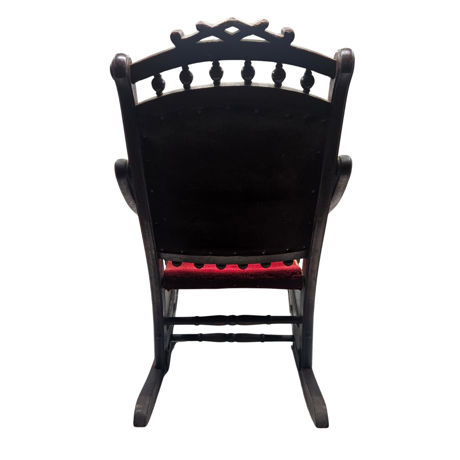 Antique E.W. Vaill Child Folding Rocking Chair Red Upholstered Wood 26″