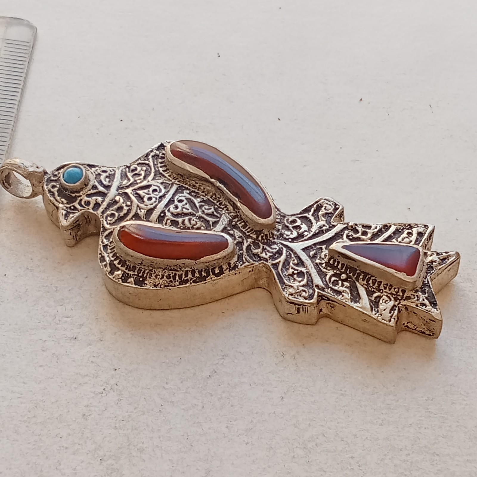 STUNNING EXTREMELY ANCIENT ISLAMIC SILVER EAGLE PENDANT AMULET WITH CORAL STONE