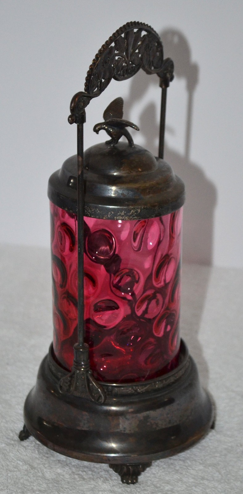 Victorian Pickle Castor Cranberry Glass Silver Plate Frame & Tongs Eagle Finial