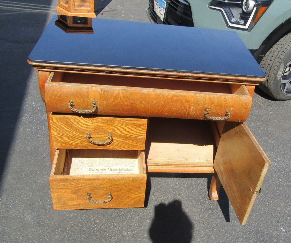 Antique Solid Tiger Oak Washstand Black Glass Top Dovetail 3 Drawers Early 1900′