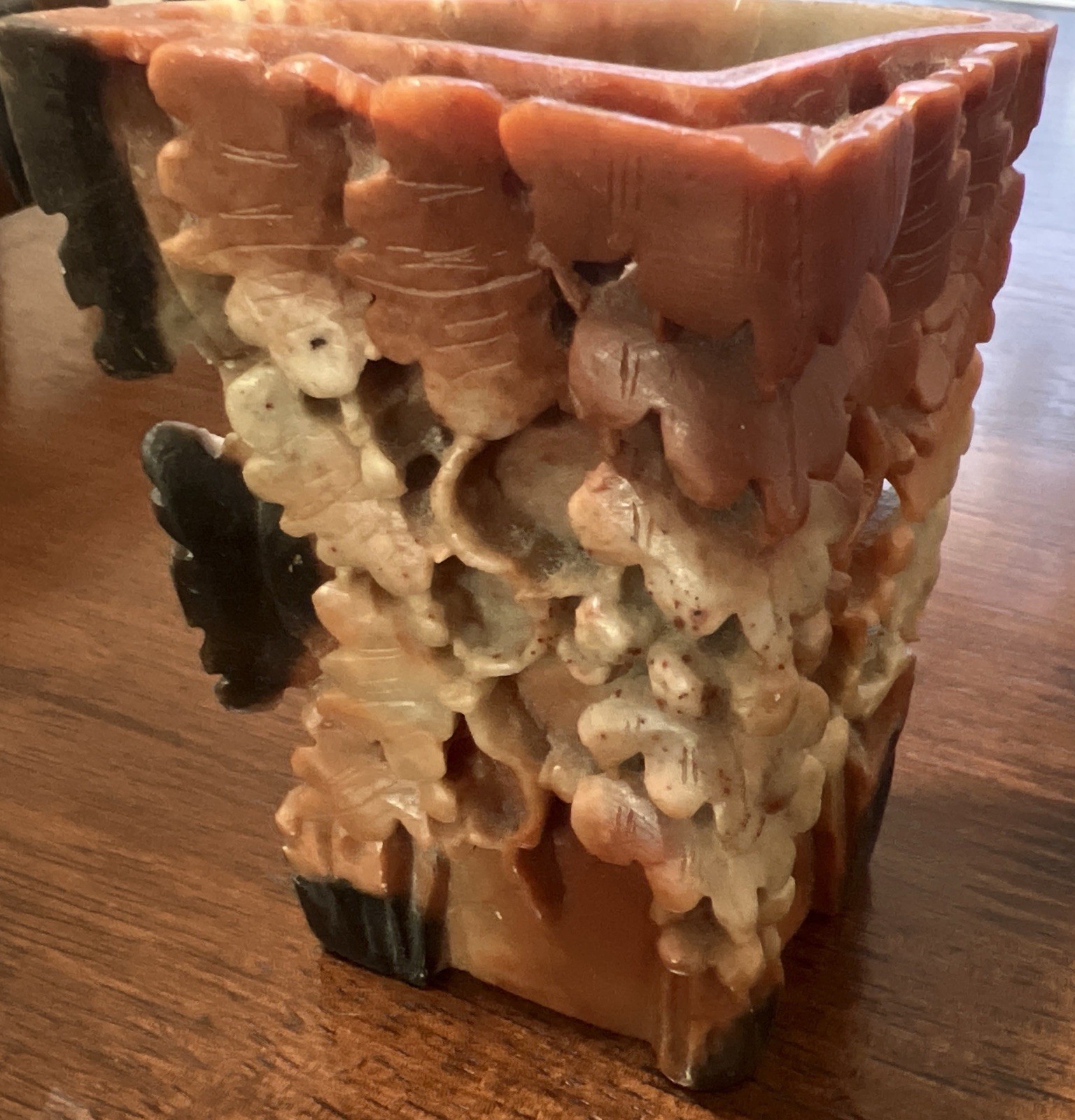 Chinese Soapstone Brush Pot Hand Carved Grapevine Calligraphy Holder Vintage