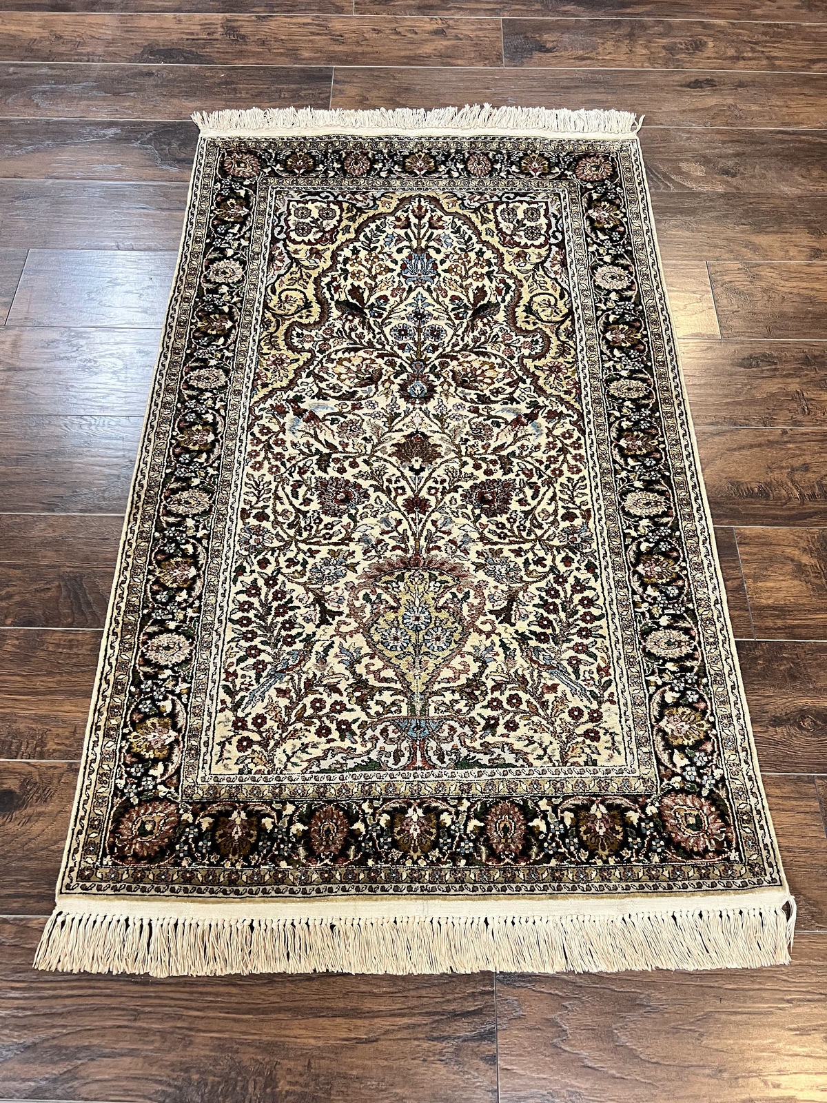 Silk Turkish Rug 3×5 Kayseri Tree of Life Birds Handmade Vintage Fine Carpet