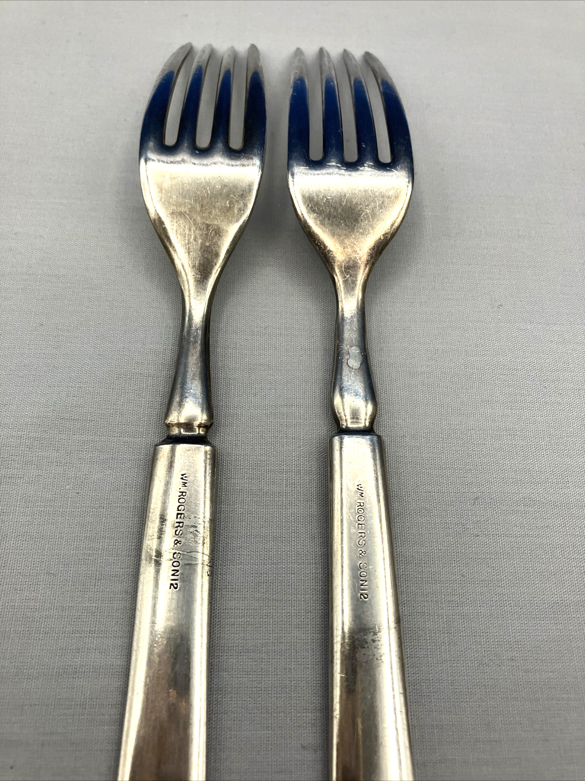 2- Plain Round By International Silver WM Rogers Silverplate Dinner Forks w/MONO