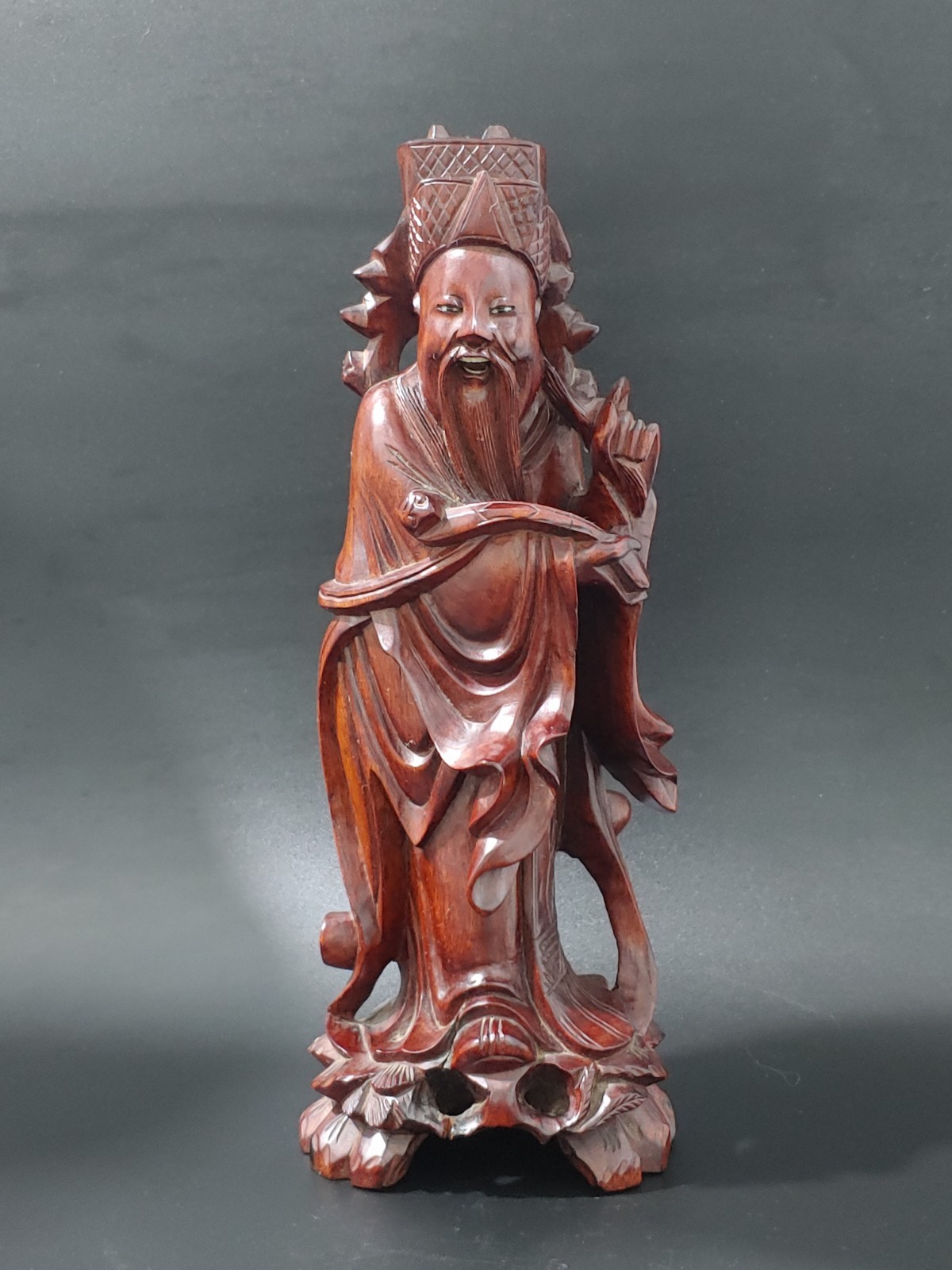 花梨红木雕挂漆文曲星像 Antique Chinese Lacquer Rosewood Hongmu Carving Wenquxing Figurine