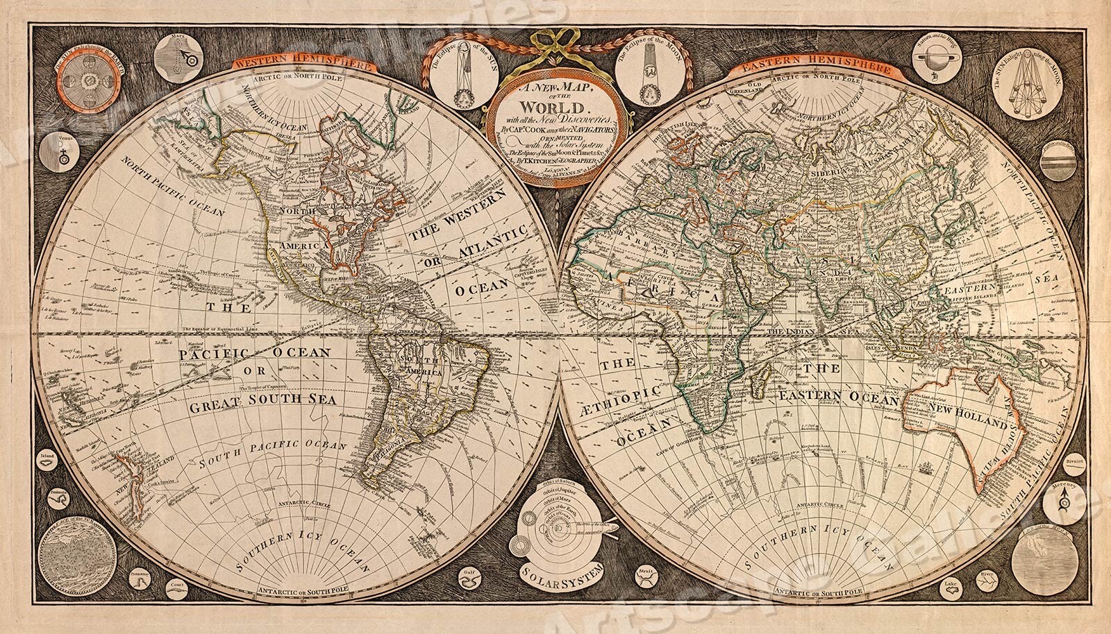 1799 Historic World Vintage Map Poster – Discoveries by Capt. Cook – 14×24