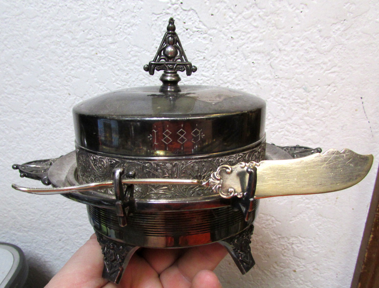antique 1889 serving dish w/ knife Quadruple rockford silver plating co #1618