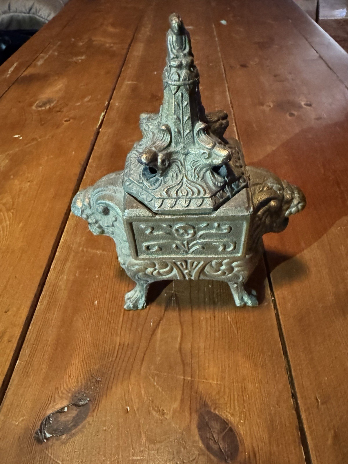 Antique Vantine’s Cast Iron Incense Burner #1211 Oriental Lion Foot Lidded Cense