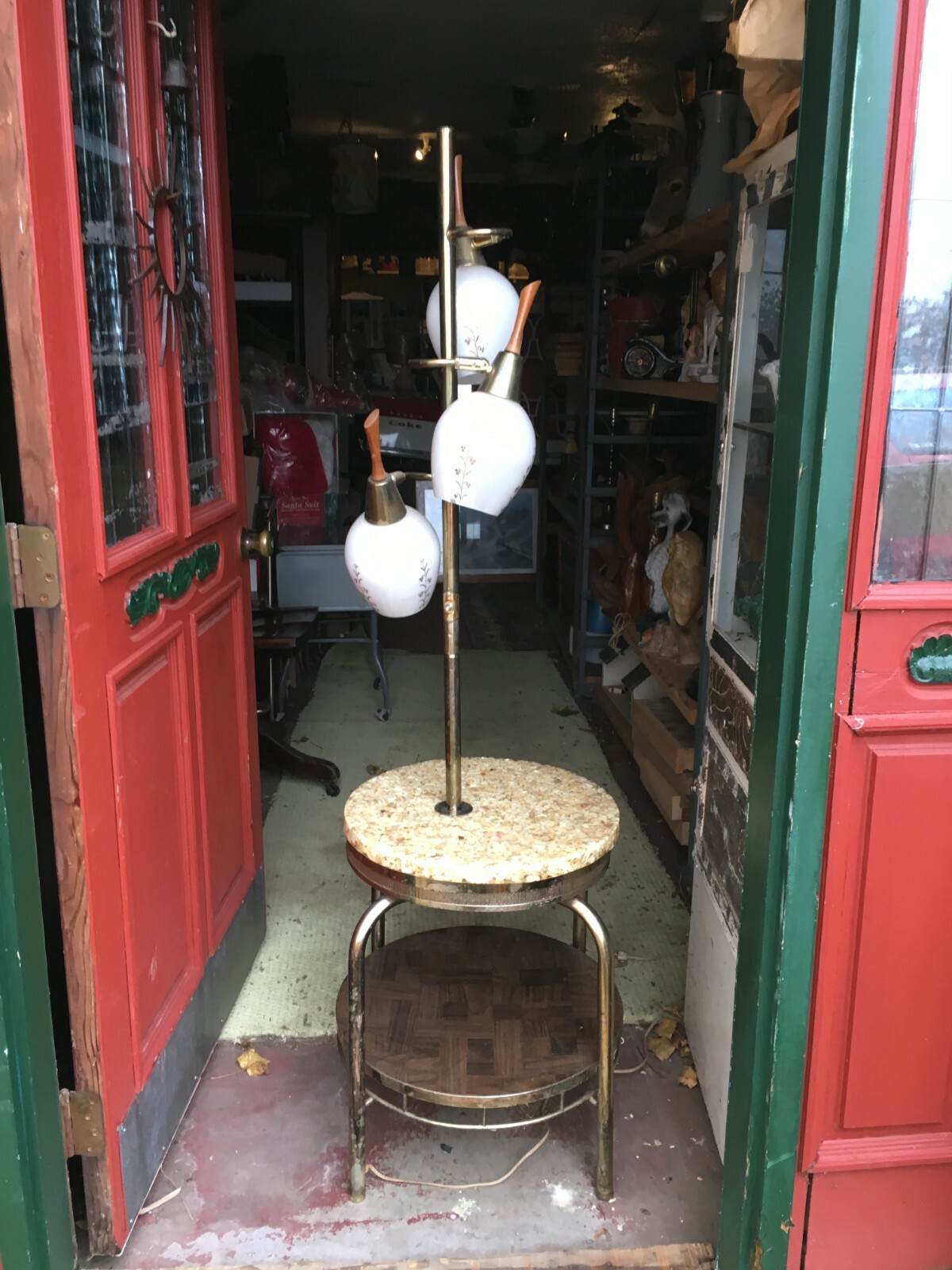 Mid Century Modern Marble top table floor pole lamp 3 Frosted glass spot lights