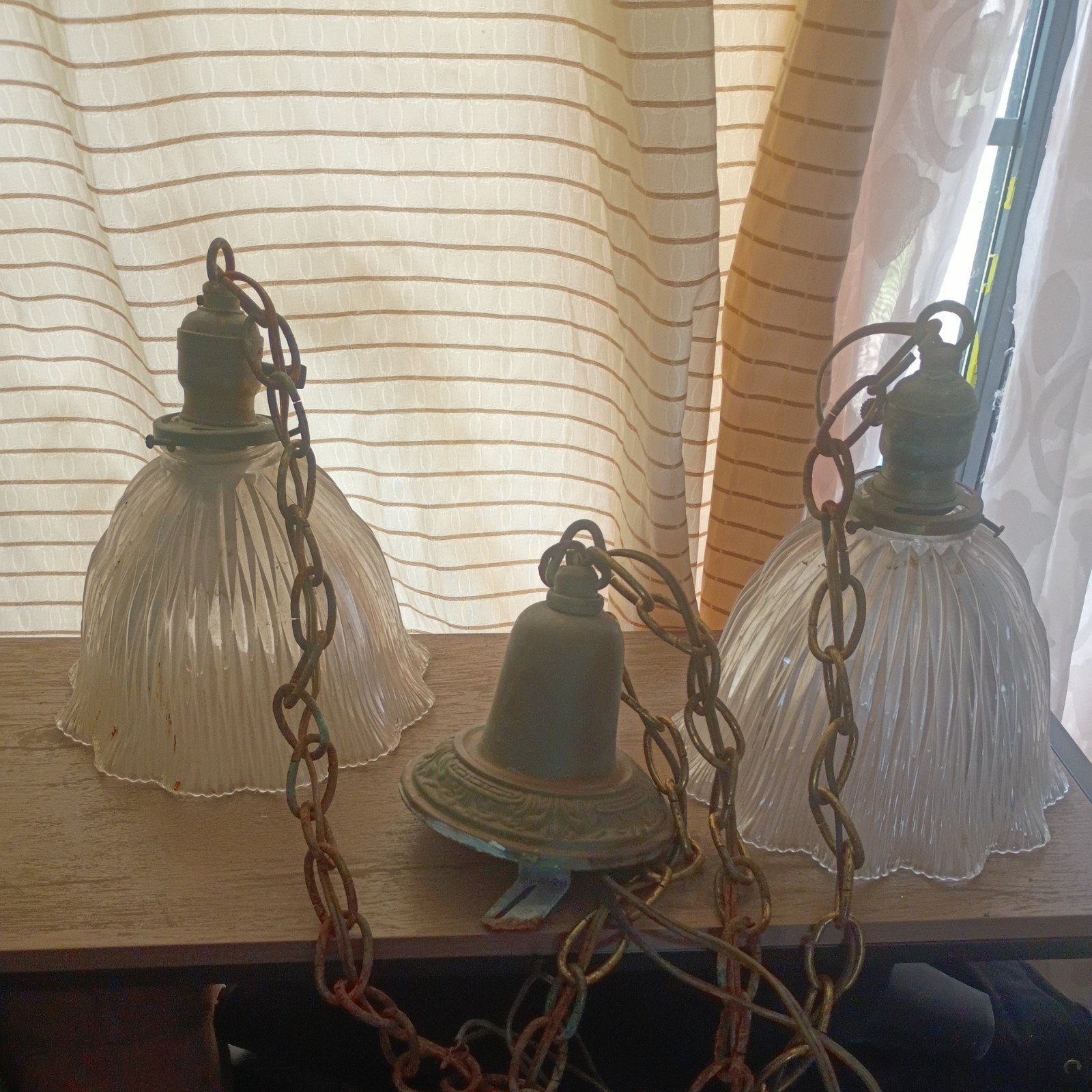 Wired Pair Antique Brass Pendant Lights Fixtures Clear Shades 55B