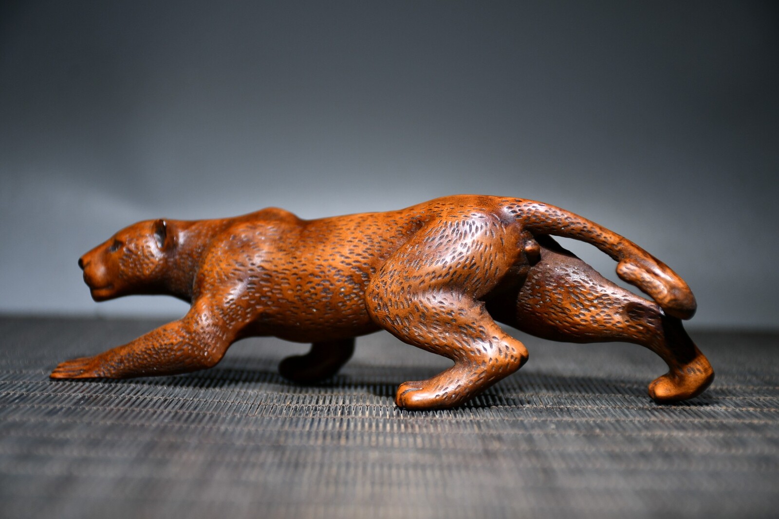 Chinese Boxwood Intricately Carved Leopard Statue Collection Home Decor Art Gift