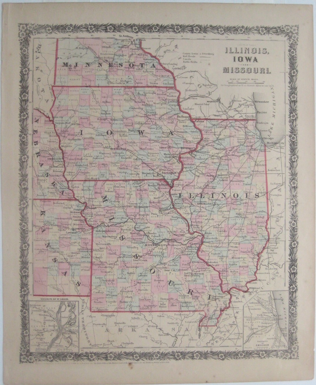Original 1860 J.H. Colton Cabinet Atlas Floral Border Map ILLINOIS IOWA MISSOURI