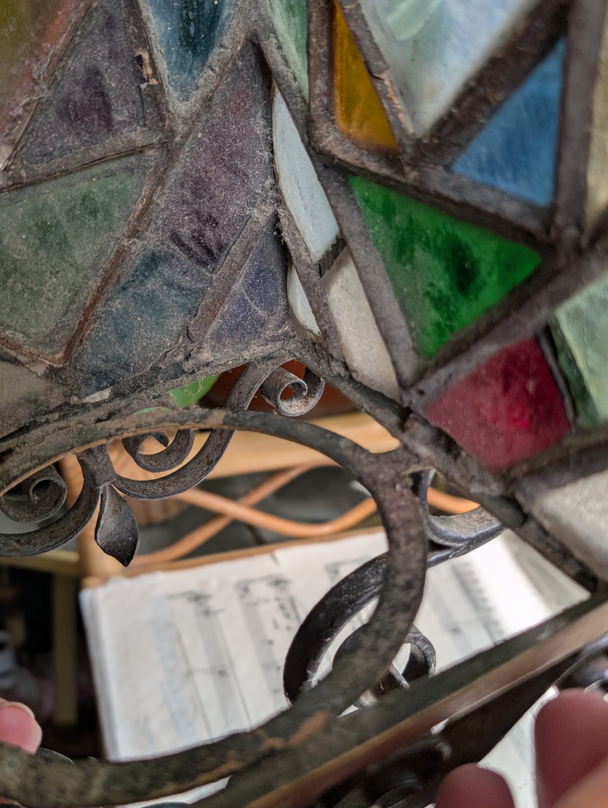 Antique Wrought Iron Lantern Stained Glass Hanging Light Lamp Porch Ornate