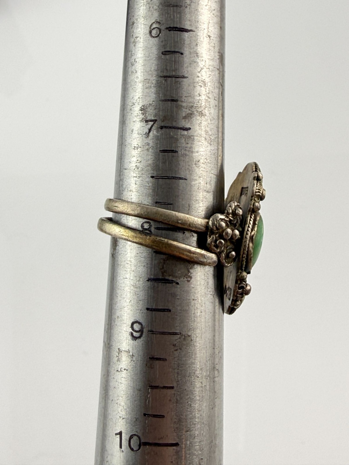 Antique French Indochina Chinese Export Sterling Silver Jade Ring Size 8 6.6g