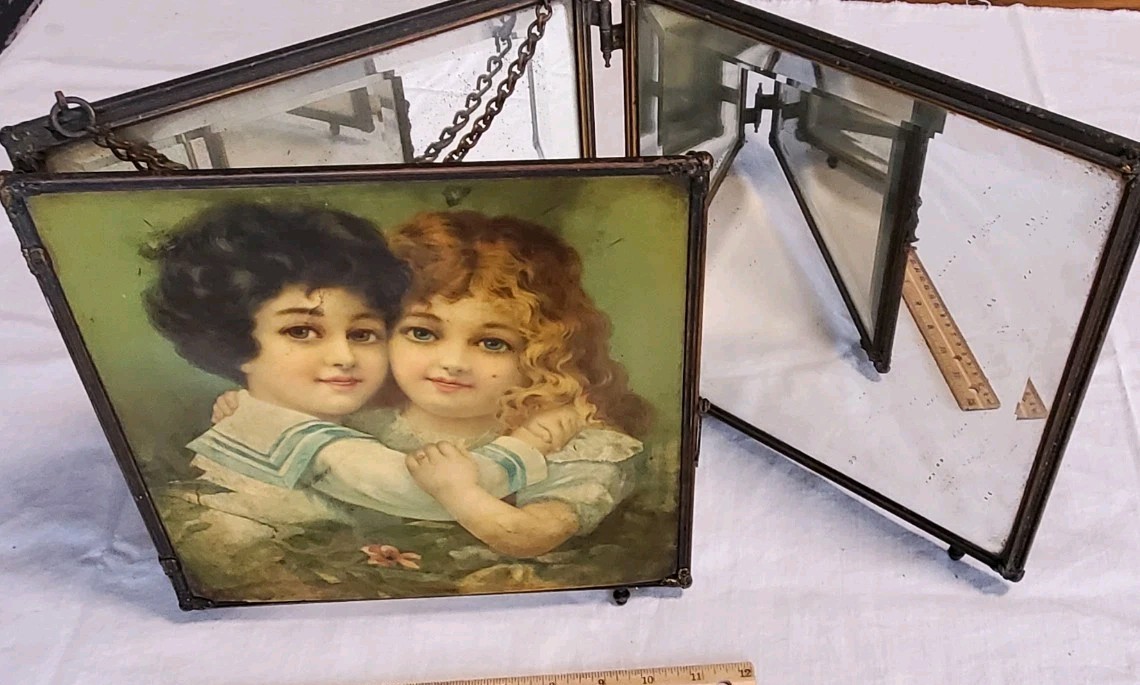 Antique Victorian Beveled Tri-Fold Hanging Mirror Painted Ladies Girls