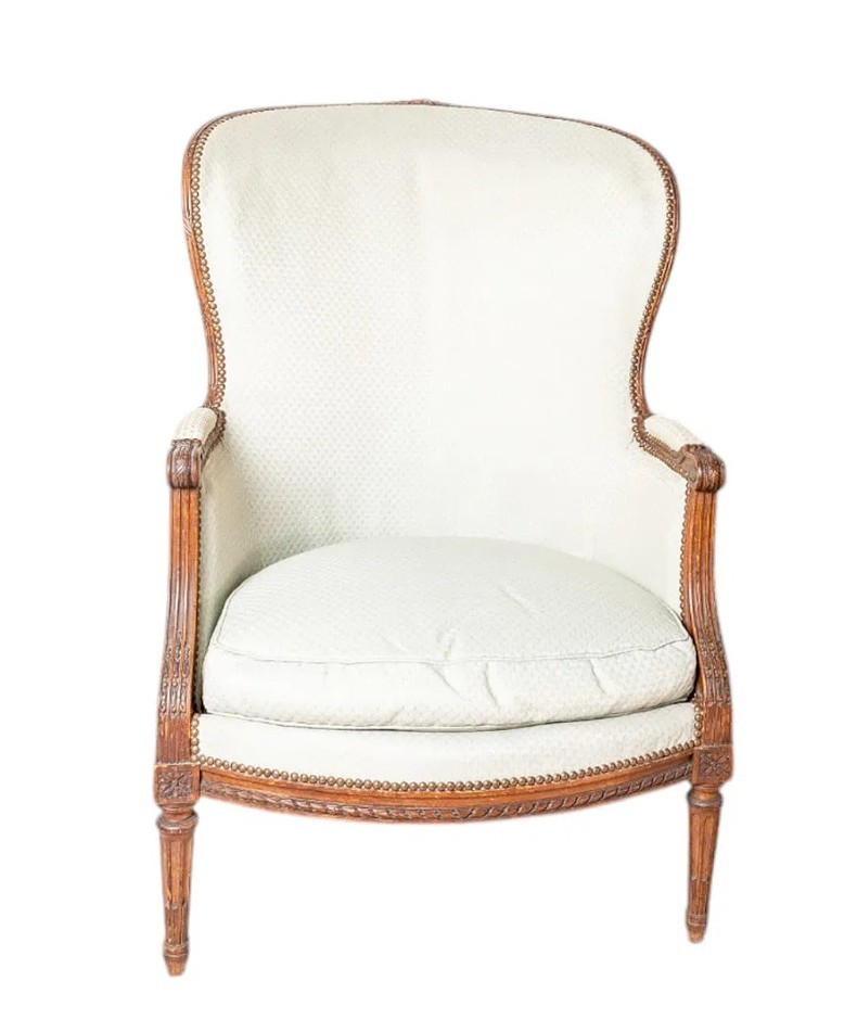 Original French Louis XVI Hand Carved Walnut Bergere Chair with White Upholstery