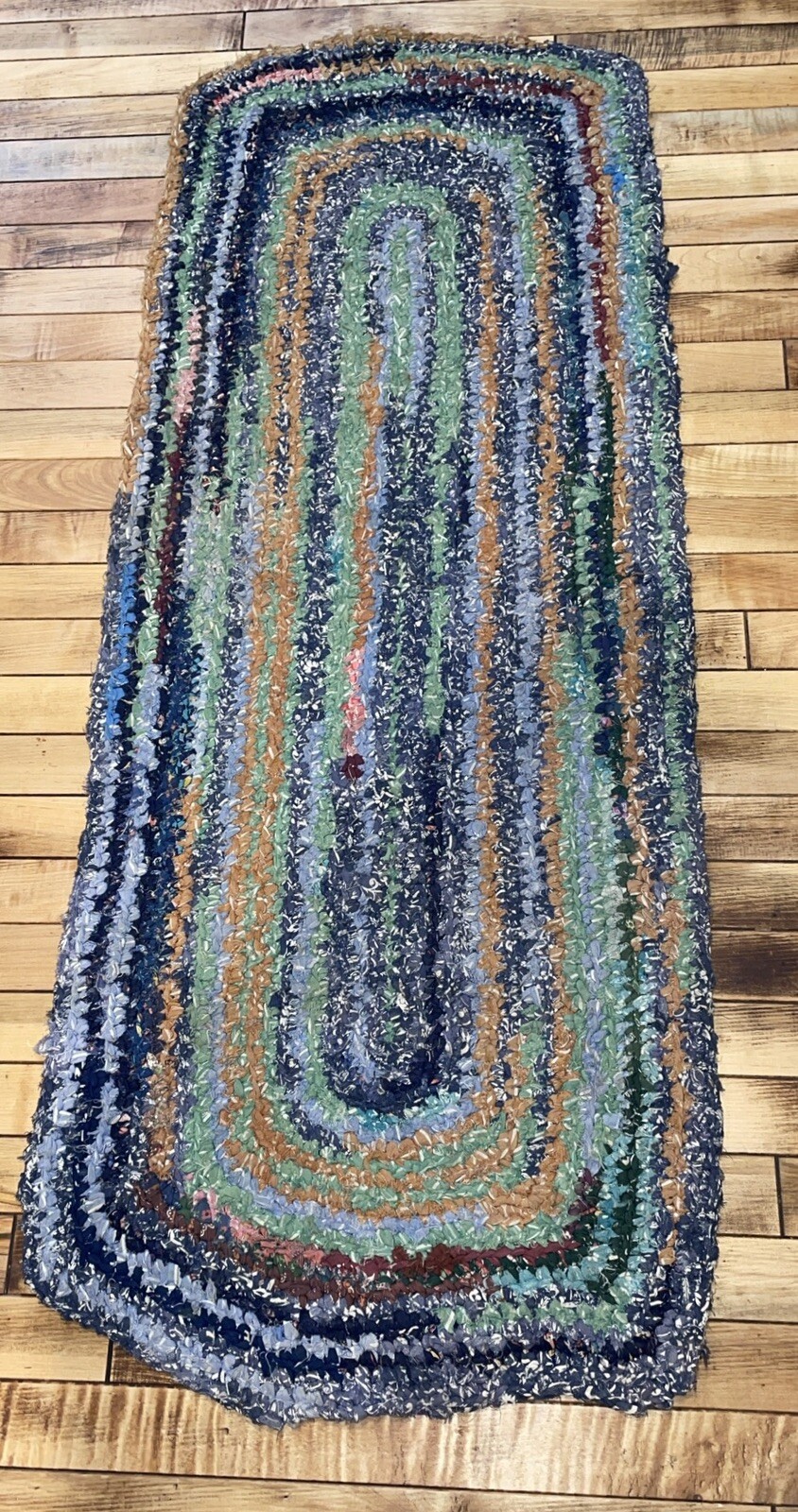 Antique Primitive Hand Woven Braided Rug Blue/Green/Orange Area 4’4”x21”