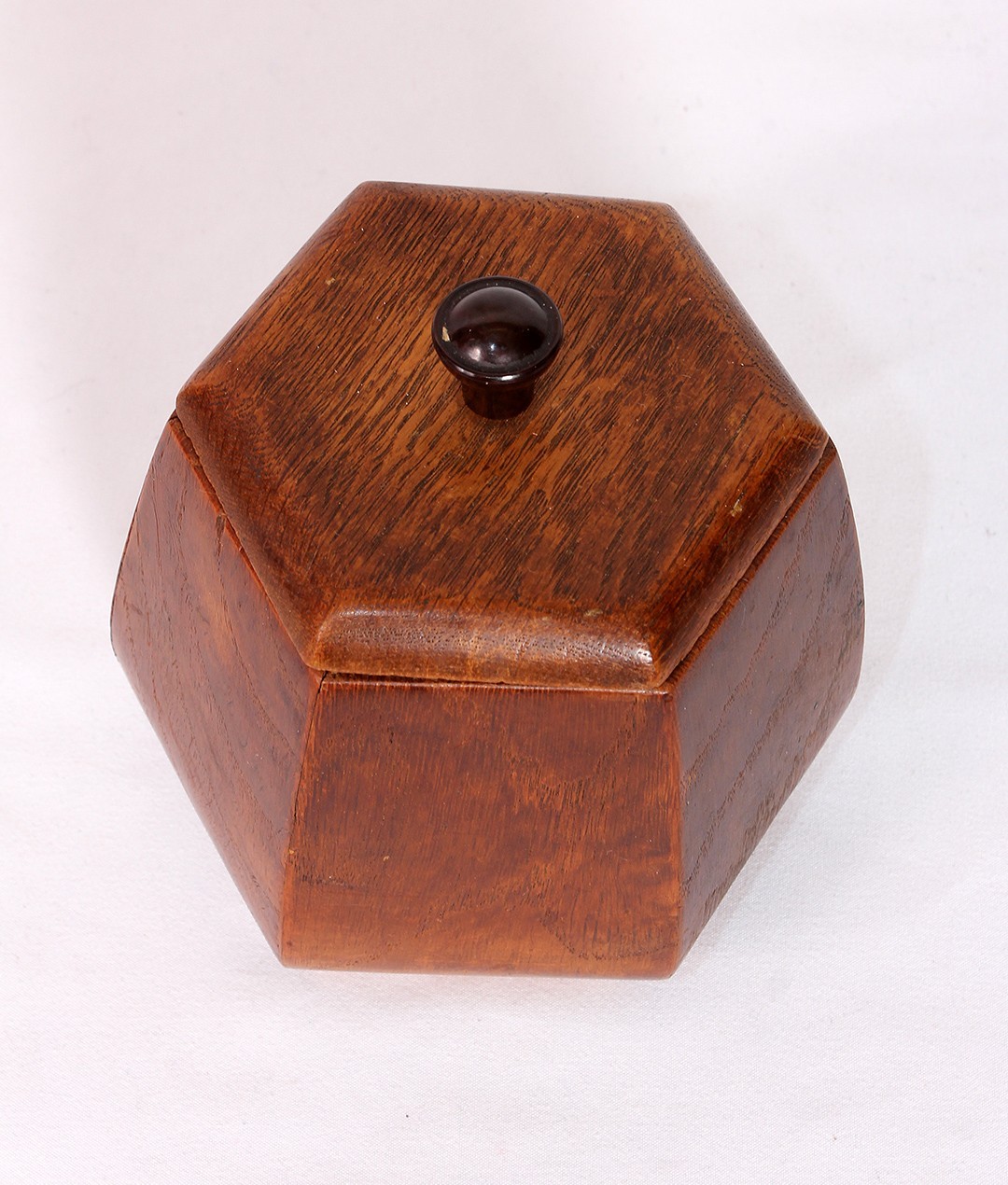 Vintage Tea Caddy Wood/Oak Pot – Hexagonal – Art Deco Style – Bakelite Knob VGC