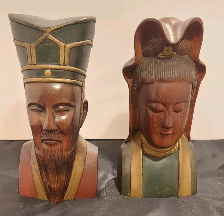 Antique Chinese Emperor And Wife Handcarved Busts