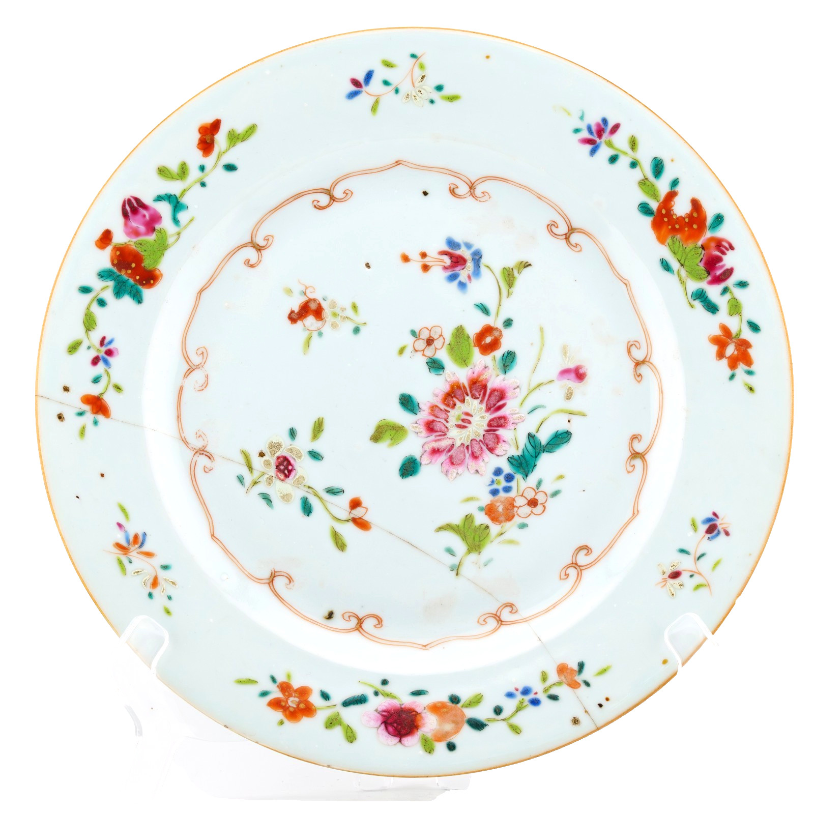 Chinese Porcelain Qianlong Plate Famille Rose Peony Gilt Qing Period 18C