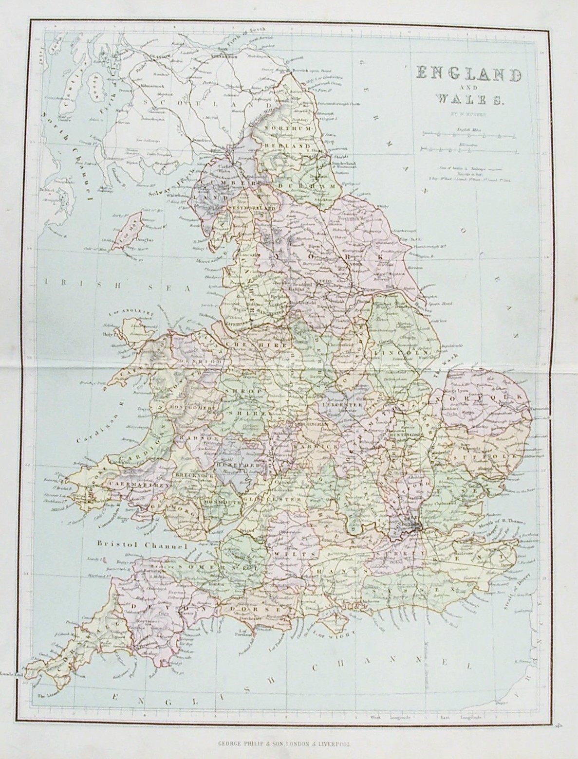 OLD ANTIQUE MAP ENGLAND & WALES c1879 by HUGHES / PHILIP PRINTED COLOUR