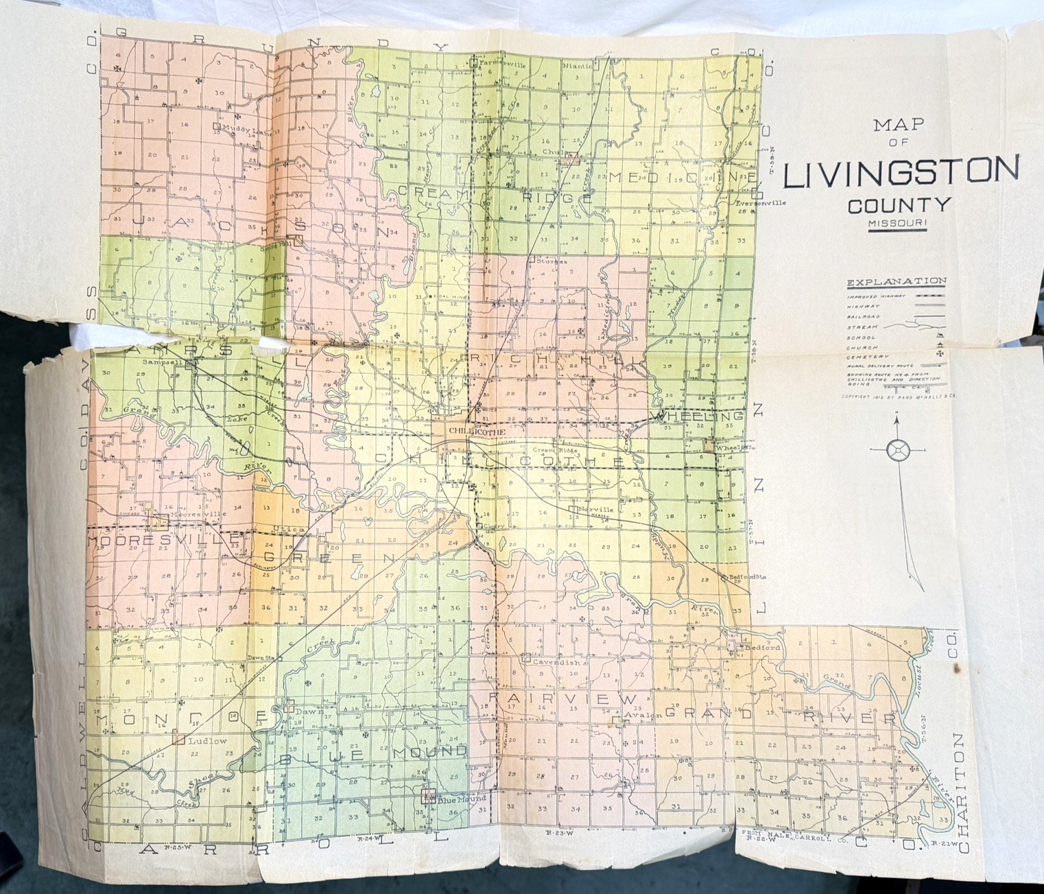 Livingston County, Missouri Antique Rand McNally Roadway Map 1913