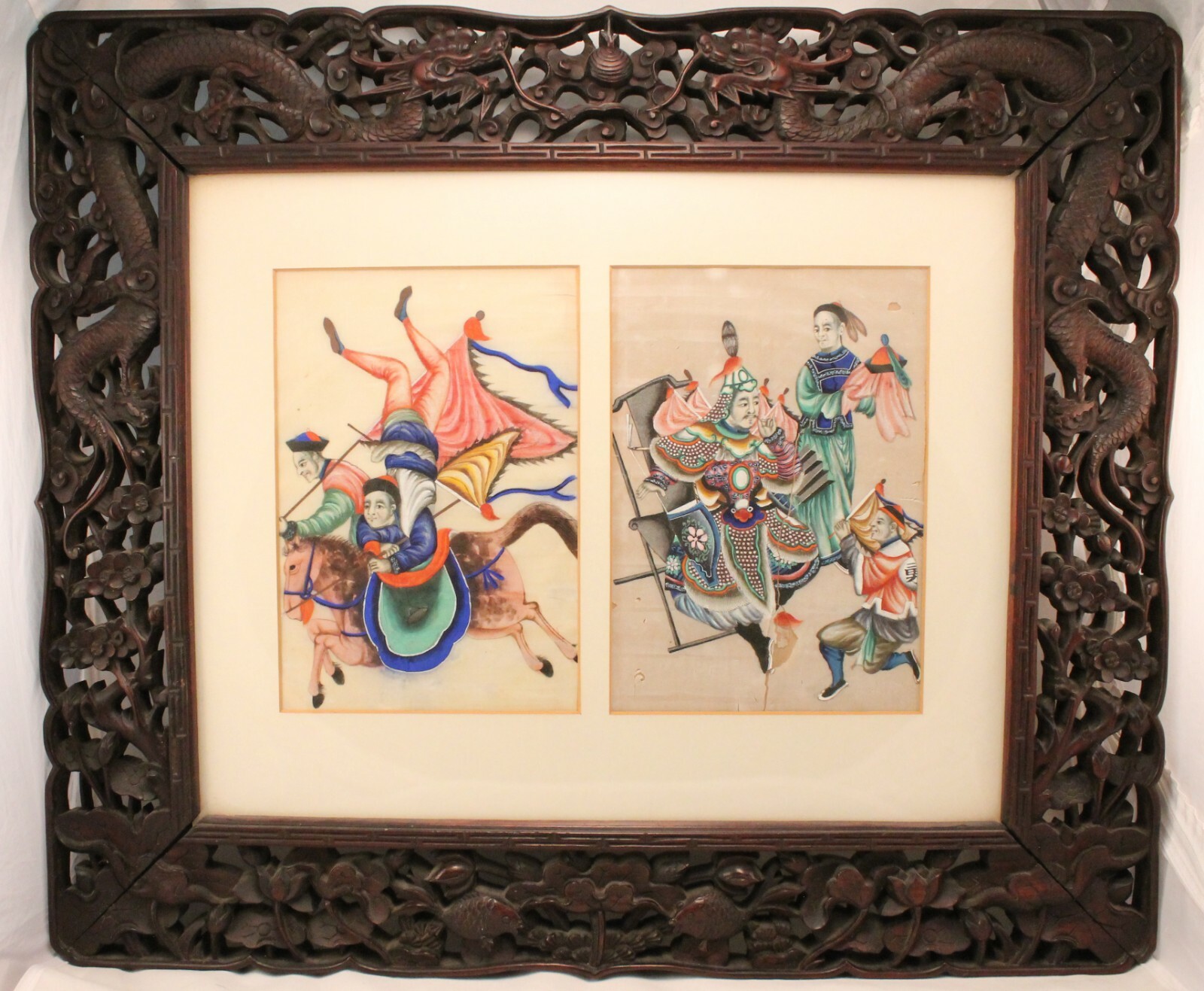 19th Century Chinese Two Pith Rice Paper Watercolors on Carved Dragons Frame